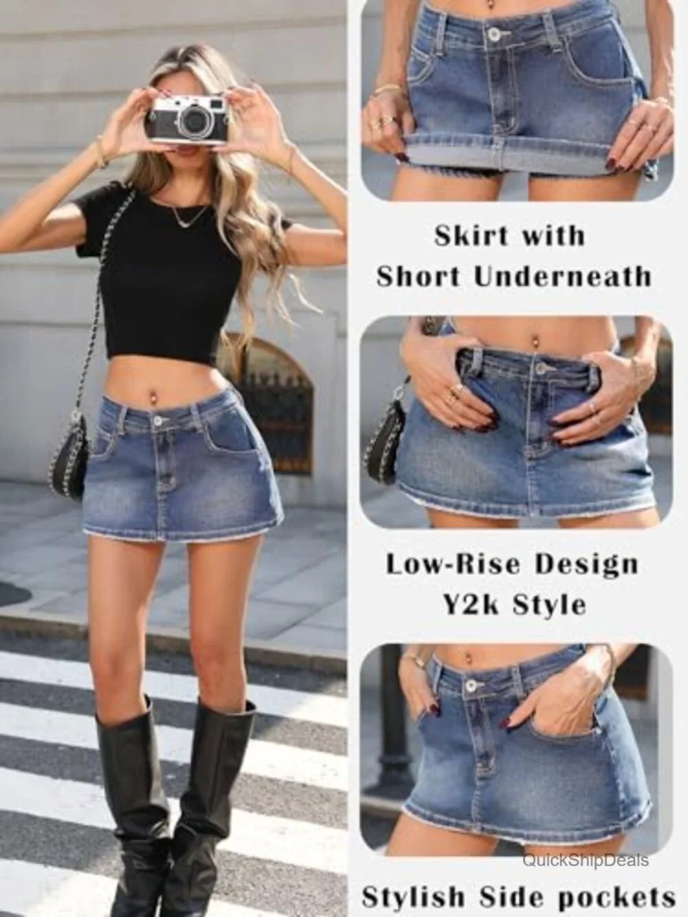 Low Rise Stretch Denim Skort for Women Y2K Mini Skirt with Pockets Casual